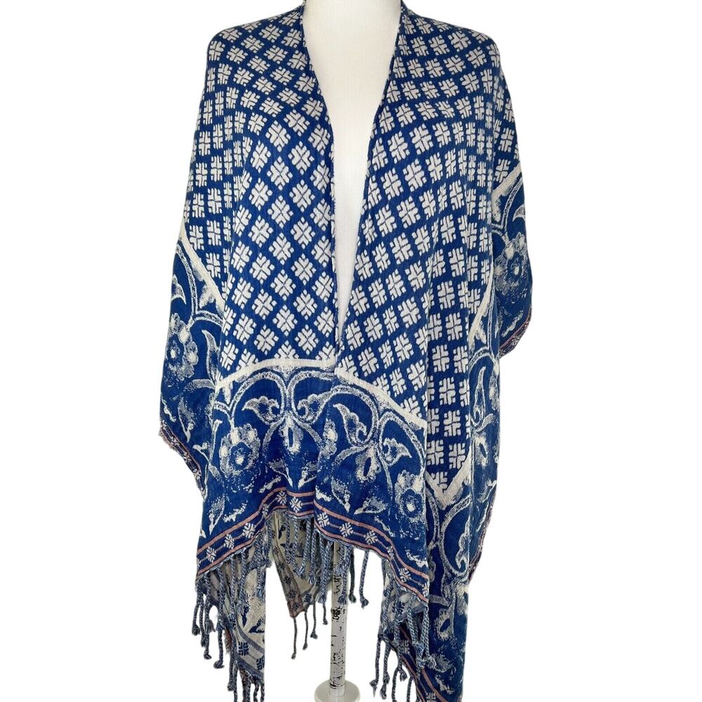 Chicos Shawl Wrap Cotton Silk Tassel Kimono Coastal Grandma Boho Poncho One Size